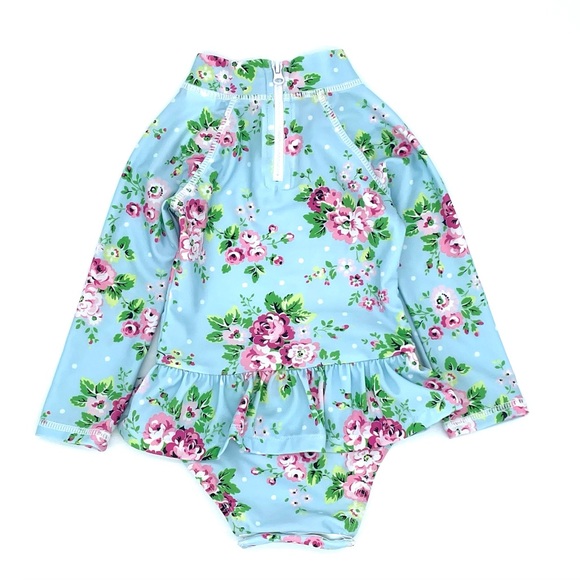 EUC Flap Happy Alissa Ruffle Rash Guard Swimsuit in Blue Country Floral 18M - Picture 5 of 10